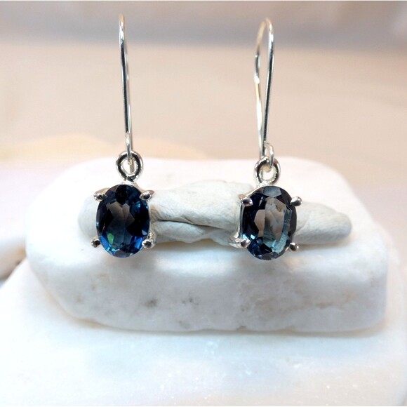 Natural London Blue Topaz Gemstone 925 Sterling Silver Handmade Earrings - Picture 4 of 7